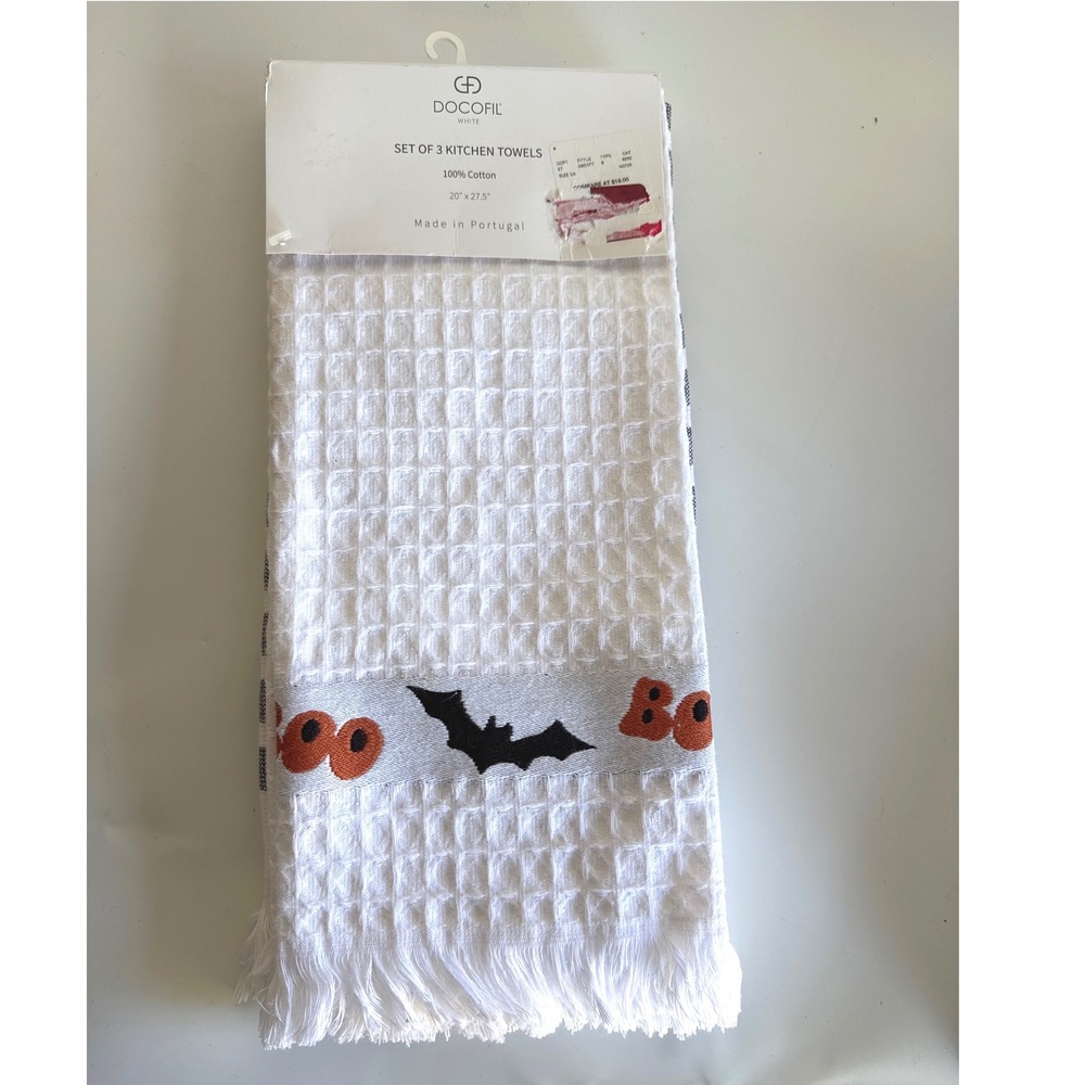 Docofil White Halloween Kitchen Towels Set of 3 Cotton Waffle Bat Boo